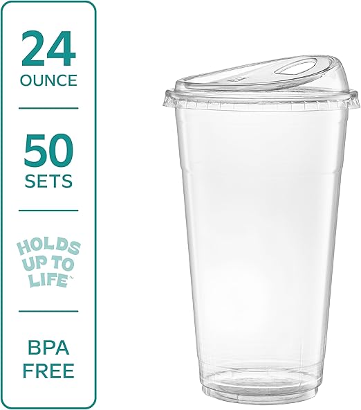 GUSTO Clear Plastic Cups with Lids [24 oz - 50 Count - Disposable Iced Coffee Drink Cups with Strawless Sip Lids for Smoothies, Juices, and More - Formerly Comfy Package