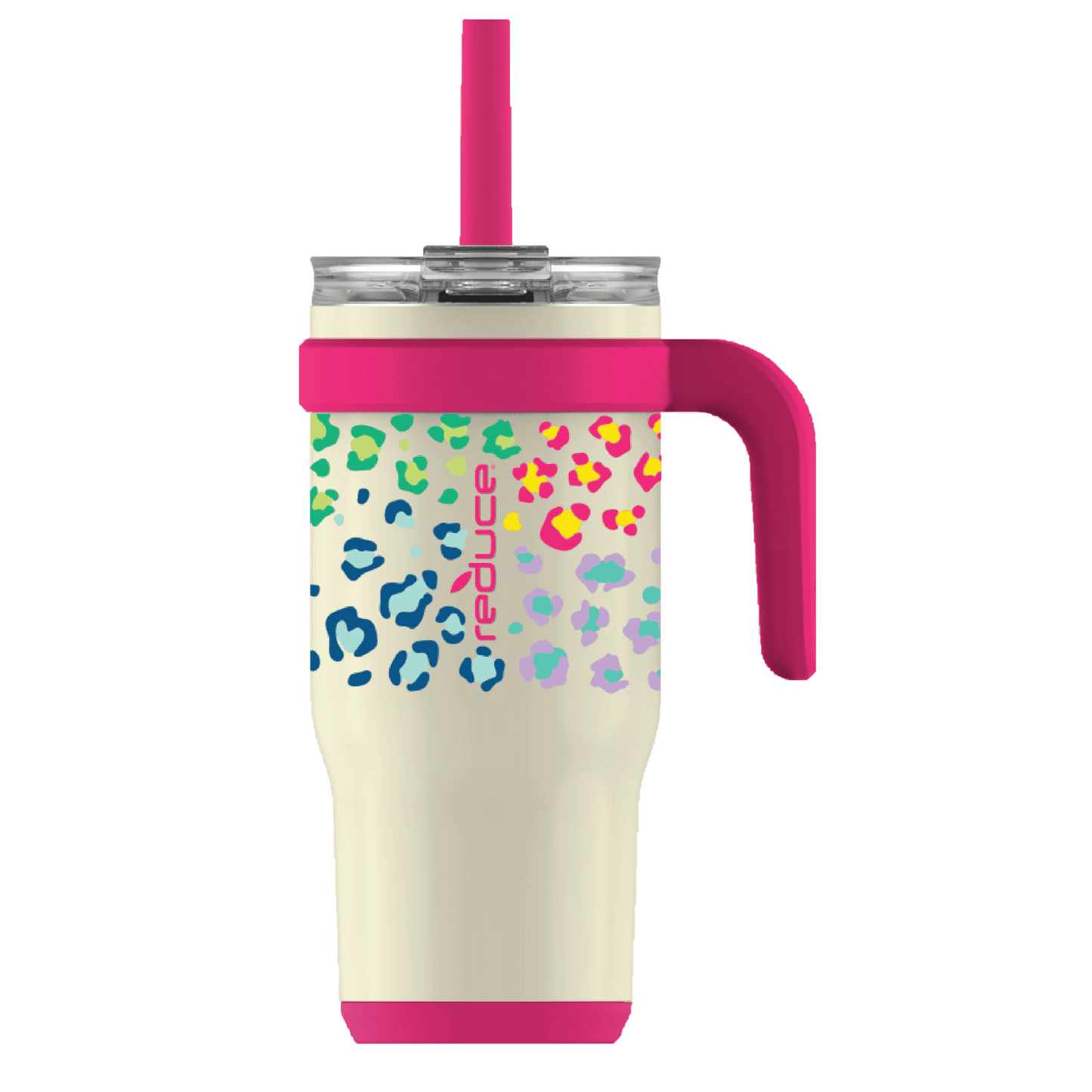 Reduce Vacuum Insulated Stainless Steel Coldee Mug with Lid and Spill-Proof Straw, Cheetah Pink, 18 oz