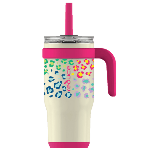 Reduce Vacuum Insulated Stainless Steel Coldee Mug with Lid and Spill-Proof Straw, Cheetah Pink, 18 oz
